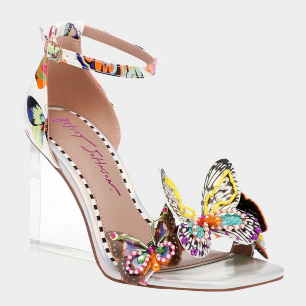 Betsy Johnston Marloe White Butterfly wedge sandal